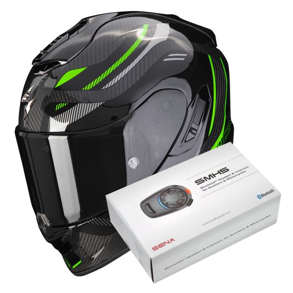 Full Face Scorpion Exo 1400 Evo Carbon Air Kydra Black Green + Intercom Sena SMH5