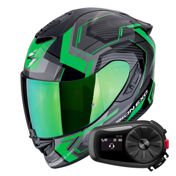 Full Face Scorpion Exo 1400 Evo II Air Linart Black Green + Kit Bluetooth 5S Solo