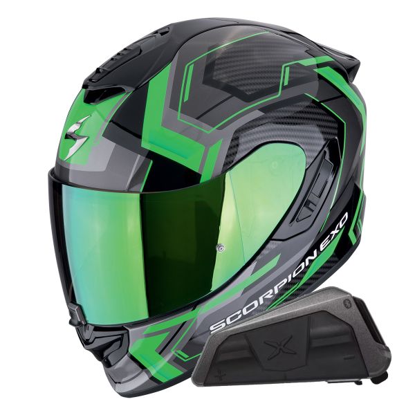 Full Face Scorpion Exo 1400 Evo II Air Linart Black Green + Kit bluetooth Exo-Com Link-1