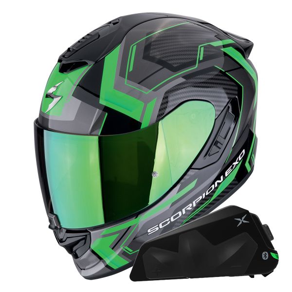 Full Face Scorpion Exo 1400 Evo II Air Linart Black Green + Kit bluetooth Exo-Com Link-1C