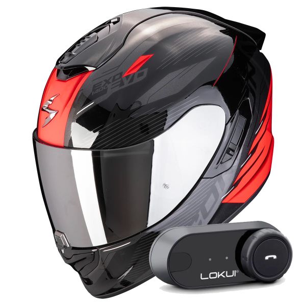Full Face Scorpion Exo 1400 Evo II Air Luma Black Red + Kit Bluetooth Lokui K30