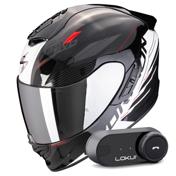 Full Face Scorpion Exo 1400 Evo II Air Luma Black White + Kit Bluetooth Lokui K30