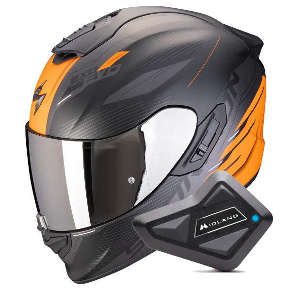 Full Face Scorpion Exo 1400 Evo II Air Luma Matt Black Orange + Kit Bluetooth BT Mini