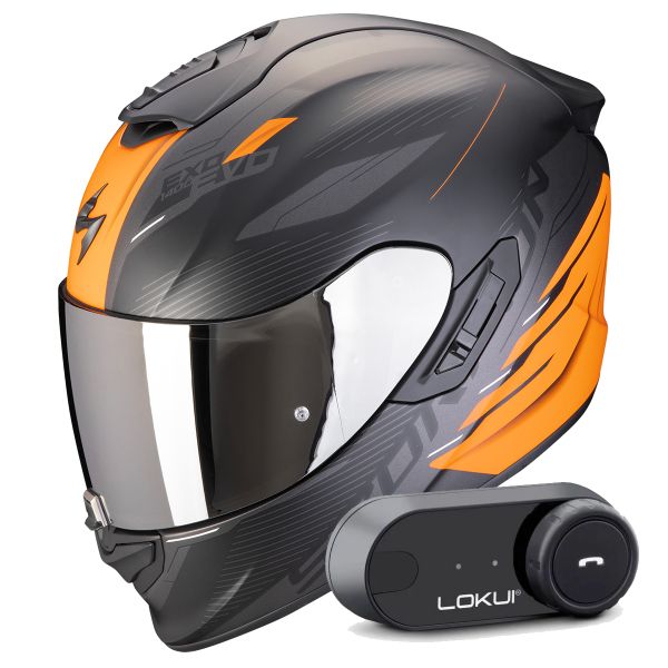 Full Face Scorpion Exo 1400 Evo II Air Luma Matt Black Orange + Kit Bluetooth Lokui K30