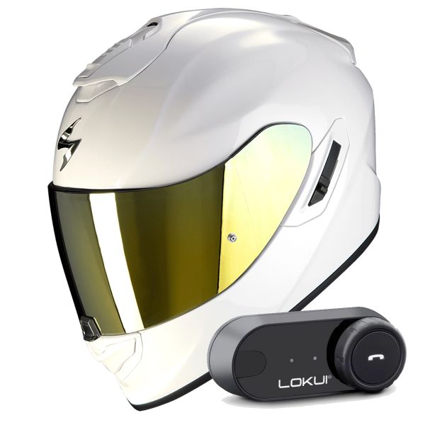 Full Face Scorpion Exo 1400 Evo II Air Solid Pearl White + Kit Bluetooth Lokui K30