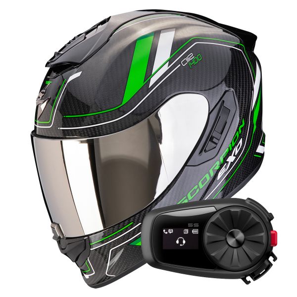 Full Face Scorpion Exo 1400 Evo II Carbon Air Mirage Black Green + Kit Bluetooth 5S Solo