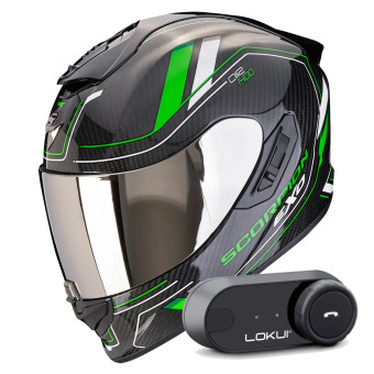 Full Face Scorpion Exo 1400 Evo II Carbon Air Mirage Black Green + Kit Bluetooth Lokui K30