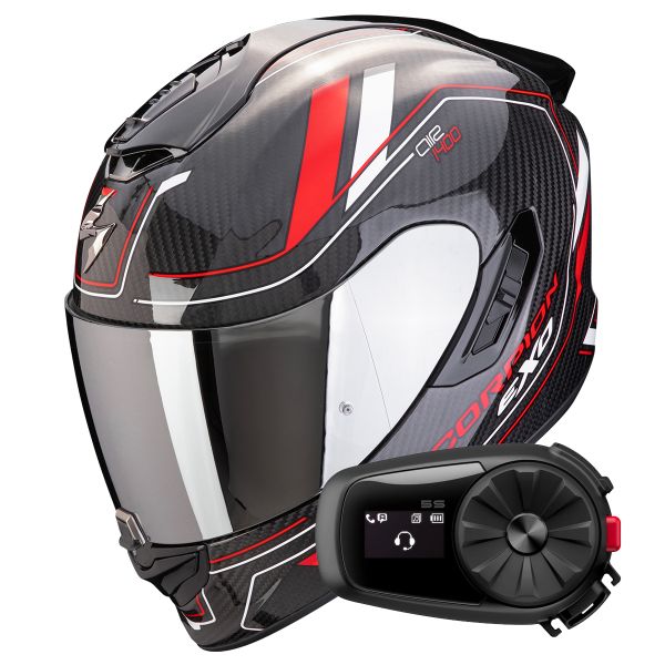 Full Face Scorpion Exo 1400 Evo II Carbon Air Mirage Black Red White + Kit Bluetooth 5S Sol