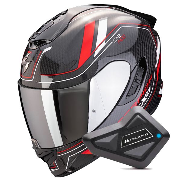 Full Face Scorpion Exo 1400 Evo II Carbon Air Mirage Black Red White + Kit Bluetooth BT Min