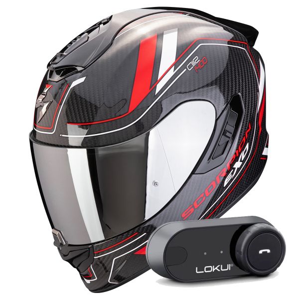 Full Face Scorpion Exo 1400 Evo II Carbon Air Mirage Black Red White + Kit Bluetooth Lokui