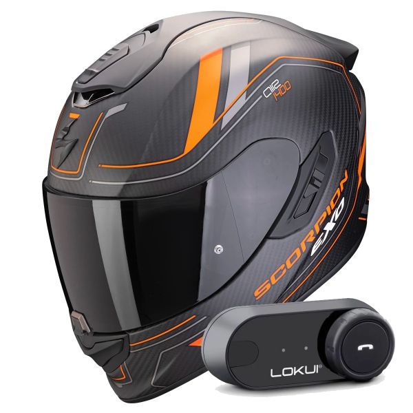 Full Face Scorpion Exo 1400 Evo II Carbon Air Mirage Matt Black Orange + Kit Bluetooth Loku