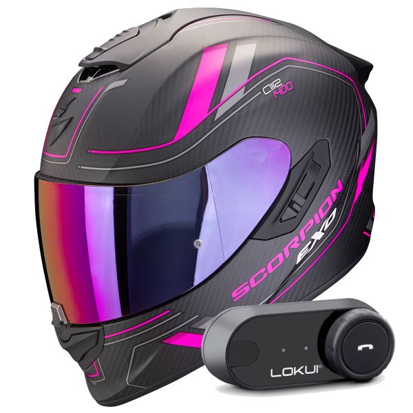 Full Face Scorpion Exo 1400 Evo II Carbon Air Mirage Matt Black Pink + Kit Bluetooth Lokui