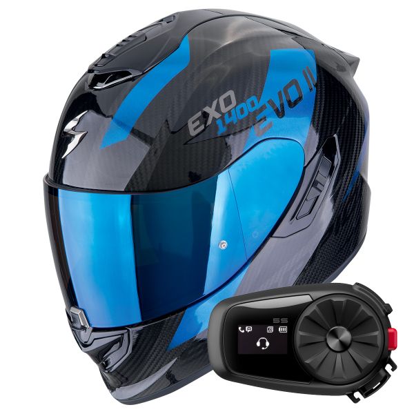 Full Face Scorpion Exo 1400 Evo II Carbon Air Platted Black Blue + Kit Bluetooth 5S Solo