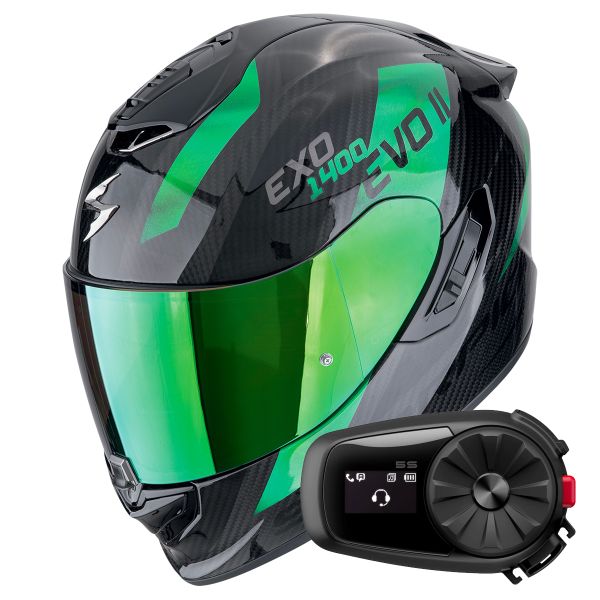 Full Face Scorpion Exo 1400 Evo II Carbon Air Platted Black Green + Kit Bluetooth 5S Solo