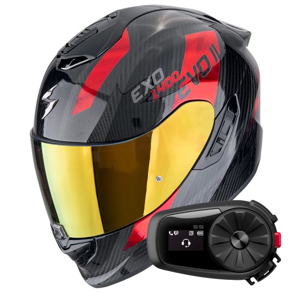 Full Face Scorpion Exo 1400 Evo II Carbon Air Platted Black Red + Kit Bluetooth 5S Solo