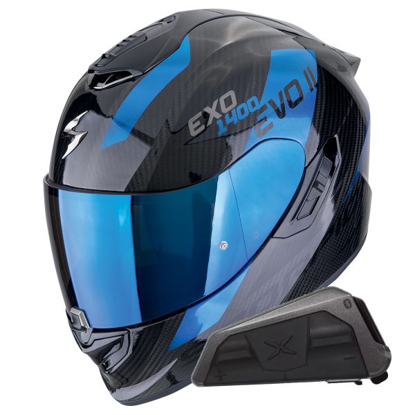 Full Face Scorpion Exo 1400 Evo II Carbon Air Platted Blue + Kit bluetooth Exo-Com Link-1
