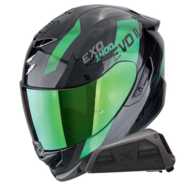 Full Face Scorpion Exo 1400 Evo II Carbon Air Platted Green + Kit bluetooth Exo-Com Link-1