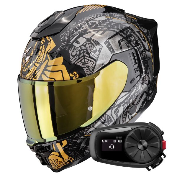 Full Face Scorpion Exo 1500 Air Apus Black Grey Gold + Kit Bluetooth 5S Solo