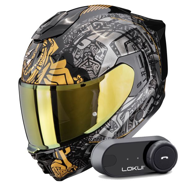 Full Face Scorpion Exo 1500 Air Apus Black Grey Gold + Kit Bluetooth Lokui K30
