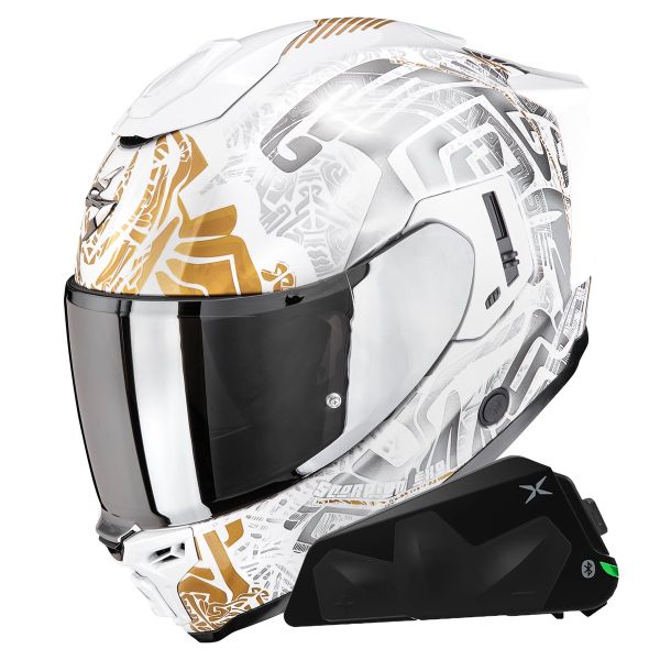 Full Face Scorpion Exo 1500 Air Apus Pearl White Grey Gold + Kit bluetooth Exo-Com Link-1C