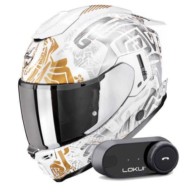 Full Face Scorpion Exo 1500 Air Apus Pearl White Grey Gold + Kit Bluetooth Lokui K30
