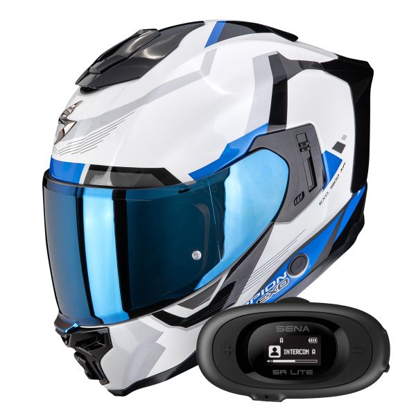 Full Face Scorpion Exo 1500 Air Arena White Blue + Kit bluetooth 5R Lite Solo