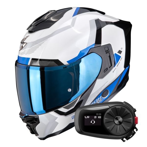 Full Face Scorpion Exo 1500 Air Arena White Blue + Kit Bluetooth 5S Solo