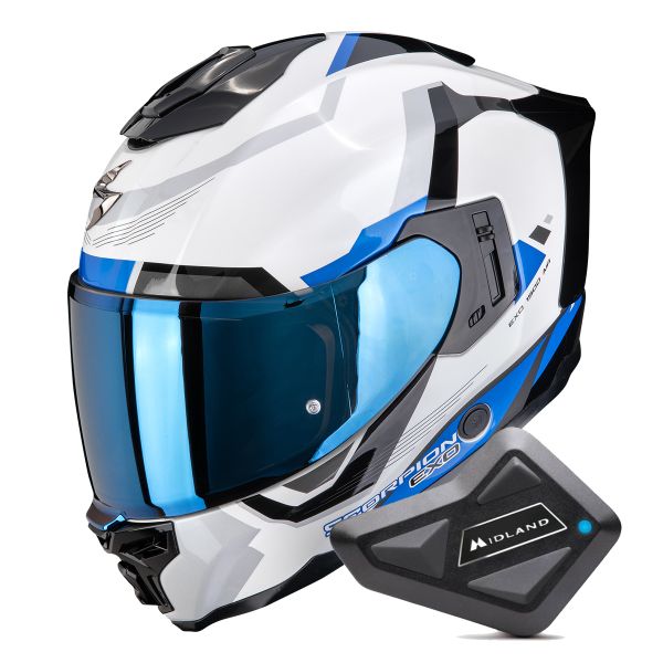 Full Face Scorpion Exo 1500 Air Arena White Blue + Kit Bluetooth BT Mini