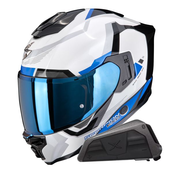 Full Face Scorpion Exo 1500 Air Arena White Blue + Kit bluetooth Exo-Com Link-1
