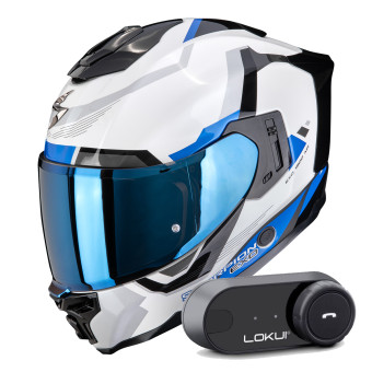 Full Face Scorpion Exo 1500 Air Arena White Blue + Kit Bluetooth Lokui K30