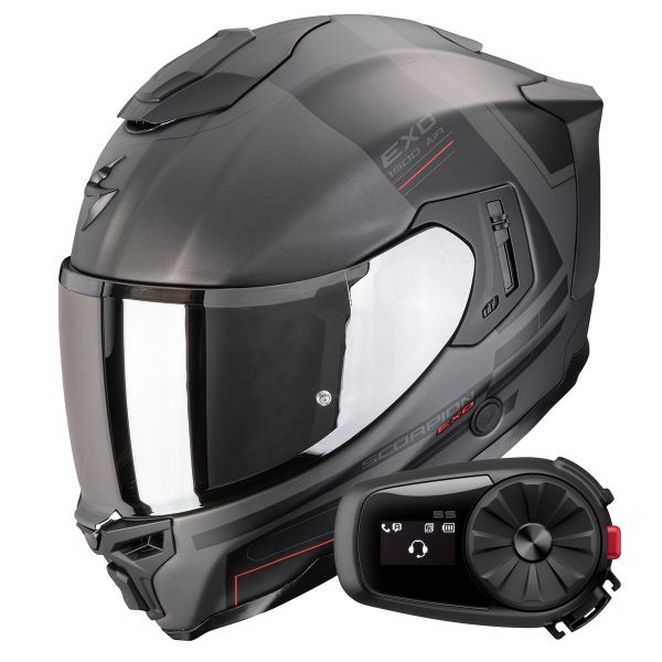 Full Face Scorpion Exo 1500 Air Dual Matt Silver Black Red + Kit Bluetooth 5S Solo