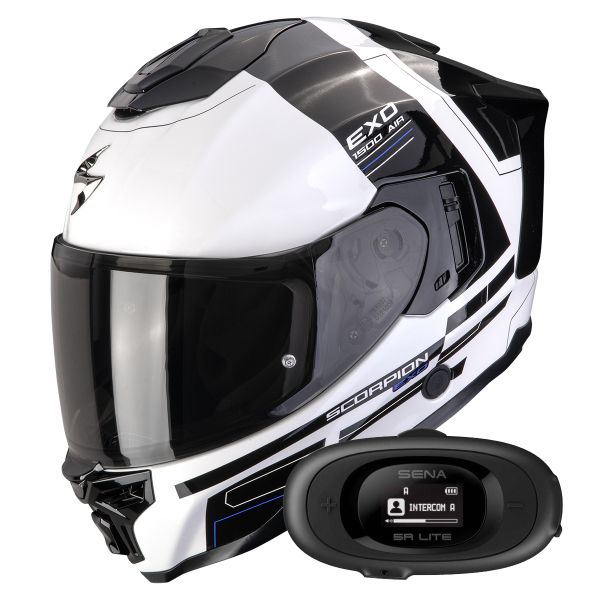 Full Face Scorpion Exo 1500 Air Dual White Black Blue + Kit bluetooth 5R Lite Solo