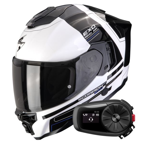 Full Face Scorpion Exo 1500 Air Dual White Black Blue + Kit Bluetooth 5S Solo