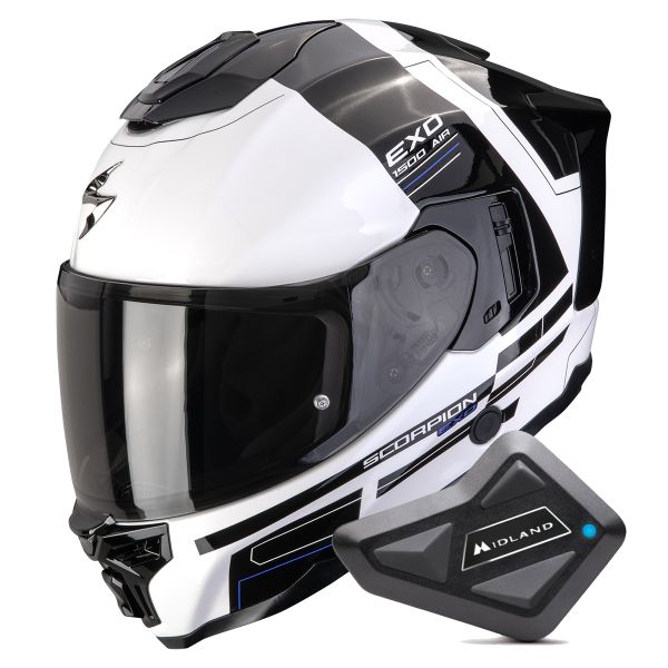 Full Face Scorpion Exo 1500 Air Dual White Black Blue + Kit Bluetooth BT Mini