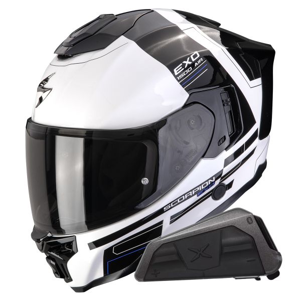 Full Face Scorpion Exo 1500 Air Dual White Black Blue + Kit bluetooth Exo-Com Link-1