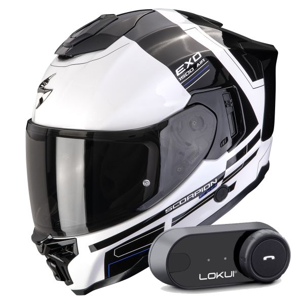 Full Face Scorpion Exo 1500 Air Dual White Black Blue + Kit Bluetooth Lokui K30
