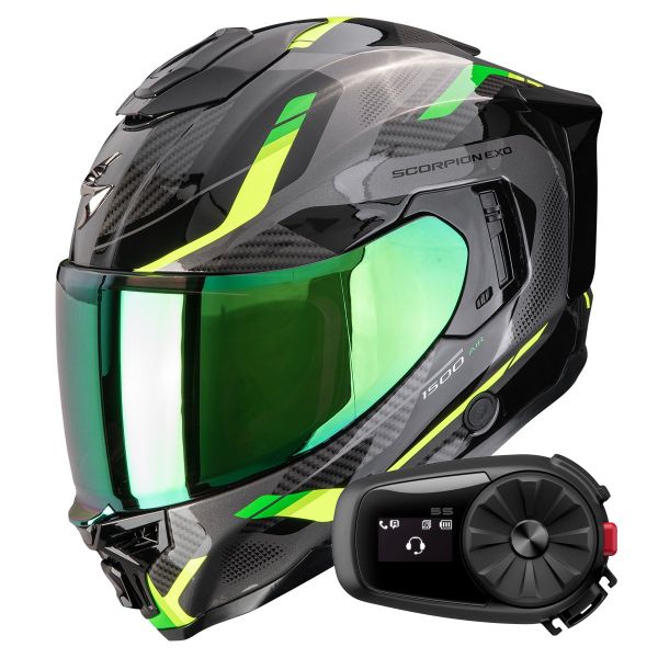 Full Face Scorpion Exo 1500 Air Sleek Black Green + Kit Bluetooth 5S Solo