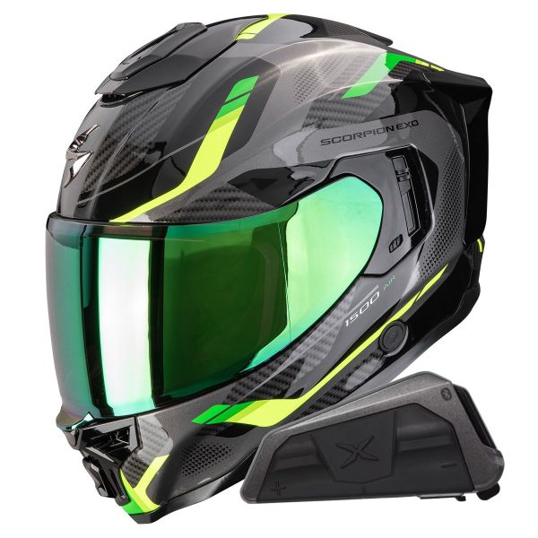 Full Face Scorpion Exo 1500 Air Sleek Black Green + Kit bluetooth Exo-Com Link-1