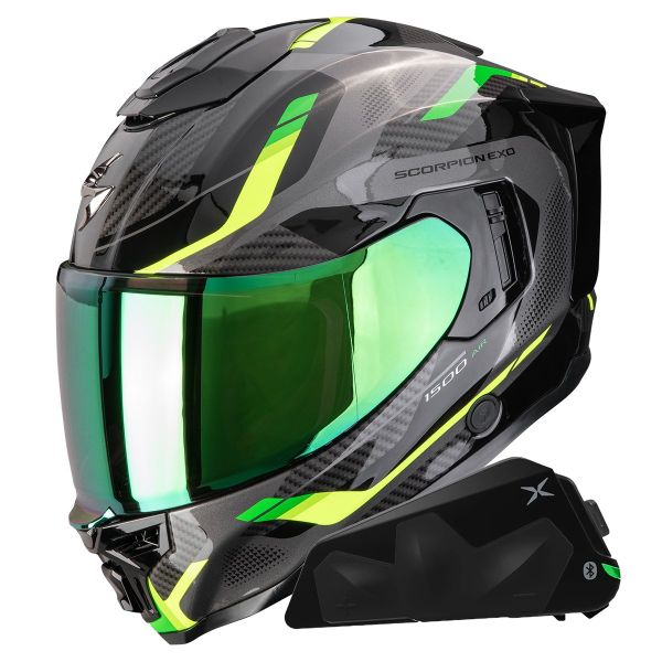 Full Face Scorpion Exo 1500 Air Sleek Black Green + Kit bluetooth Exo-Com Link-1C