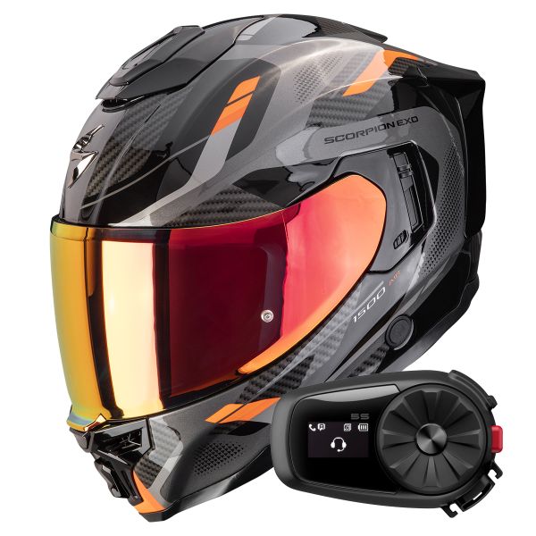 Full Face Scorpion Exo 1500 Air Sleek Black Orange + Kit Bluetooth 5S Solo