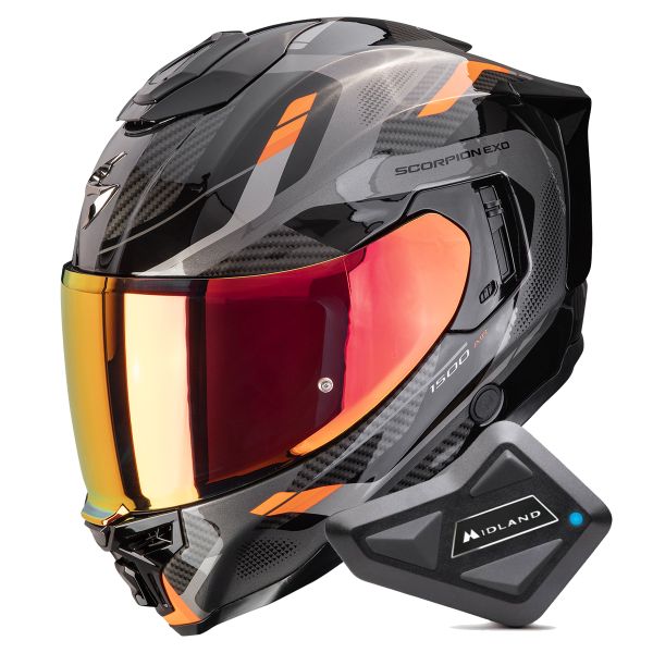 Full Face Scorpion Exo 1500 Air Sleek Black Orange + Kit Bluetooth BT Mini
