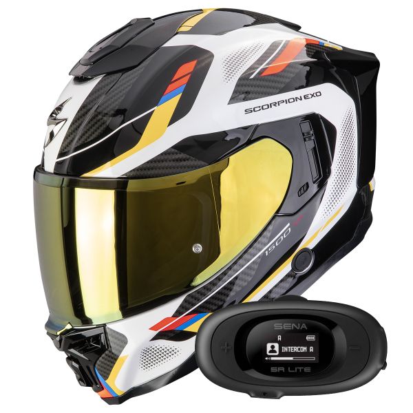 Full Face Scorpion Exo 1500 Air Sleek White Blue Yellow + Kit bluetooth 5R Lite Solo
