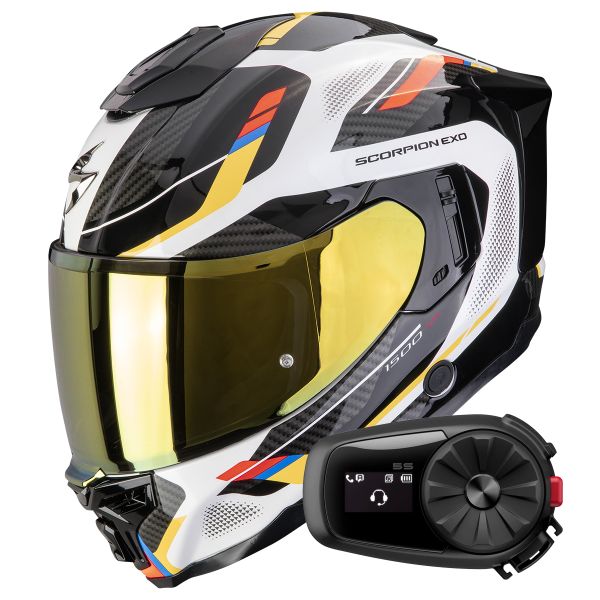 Full Face Scorpion Exo 1500 Air Sleek White Blue Yellow + Kit Bluetooth 5S Solo