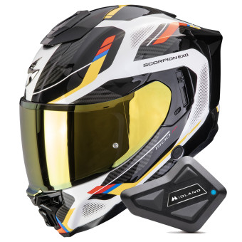 Full Face Scorpion Exo 1500 Air Sleek White Blue Yellow + Kit Bluetooth BT Mini