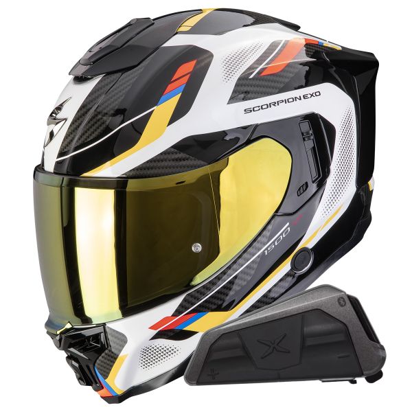 Full Face Scorpion Exo 1500 Air Sleek White Blue Yellow + Kit bluetooth Exo-Com Link-1