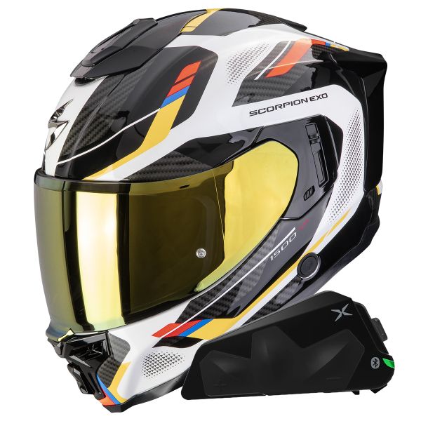 Full Face Scorpion Exo 1500 Air Sleek White Blue Yellow + Kit bluetooth Exo-Com Link-1C