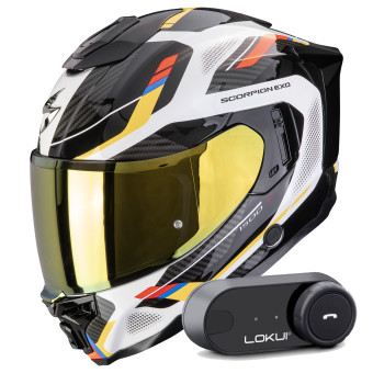 Full Face Scorpion Exo 1500 Air Sleek White Blue Yellow + Kit Bluetooth Lokui K30