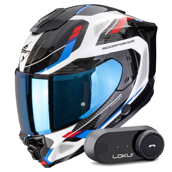 Full Face Scorpion Exo 1500 Air Sleek White Red Blue + Kit Bluetooth Lokui K30
