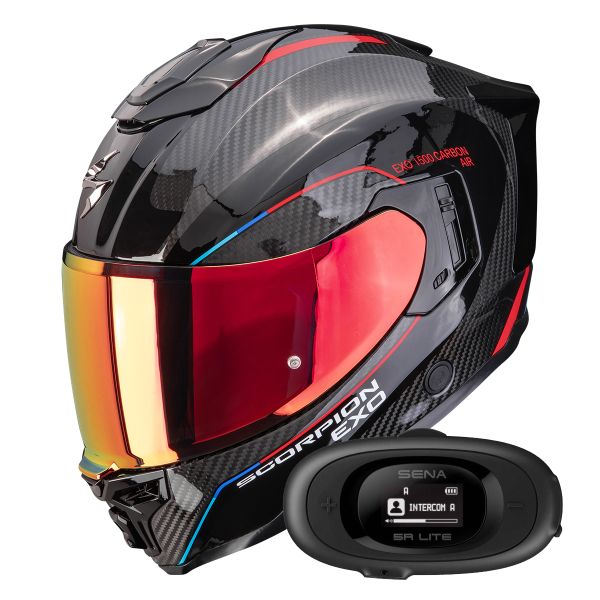 Full Face Scorpion Exo 1500 Carbon Air Mundi Black Red + Kit bluetooth 5R Lite Solo