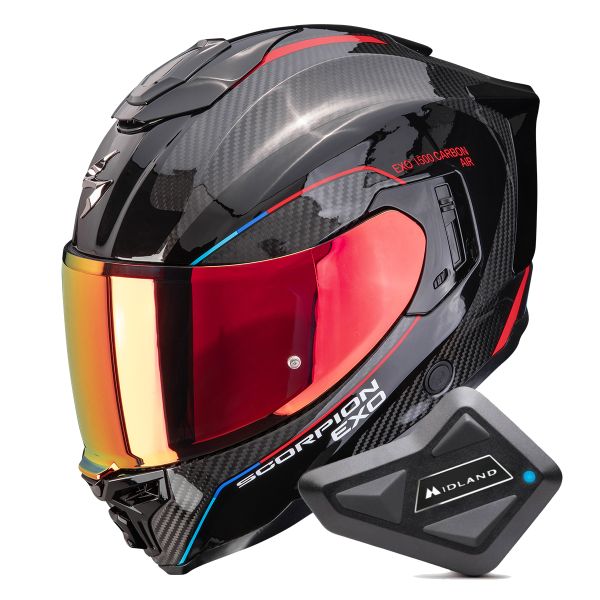 Full Face Scorpion Exo 1500 Carbon Air Mundi Black Red + Kit Bluetooth BT Mini
